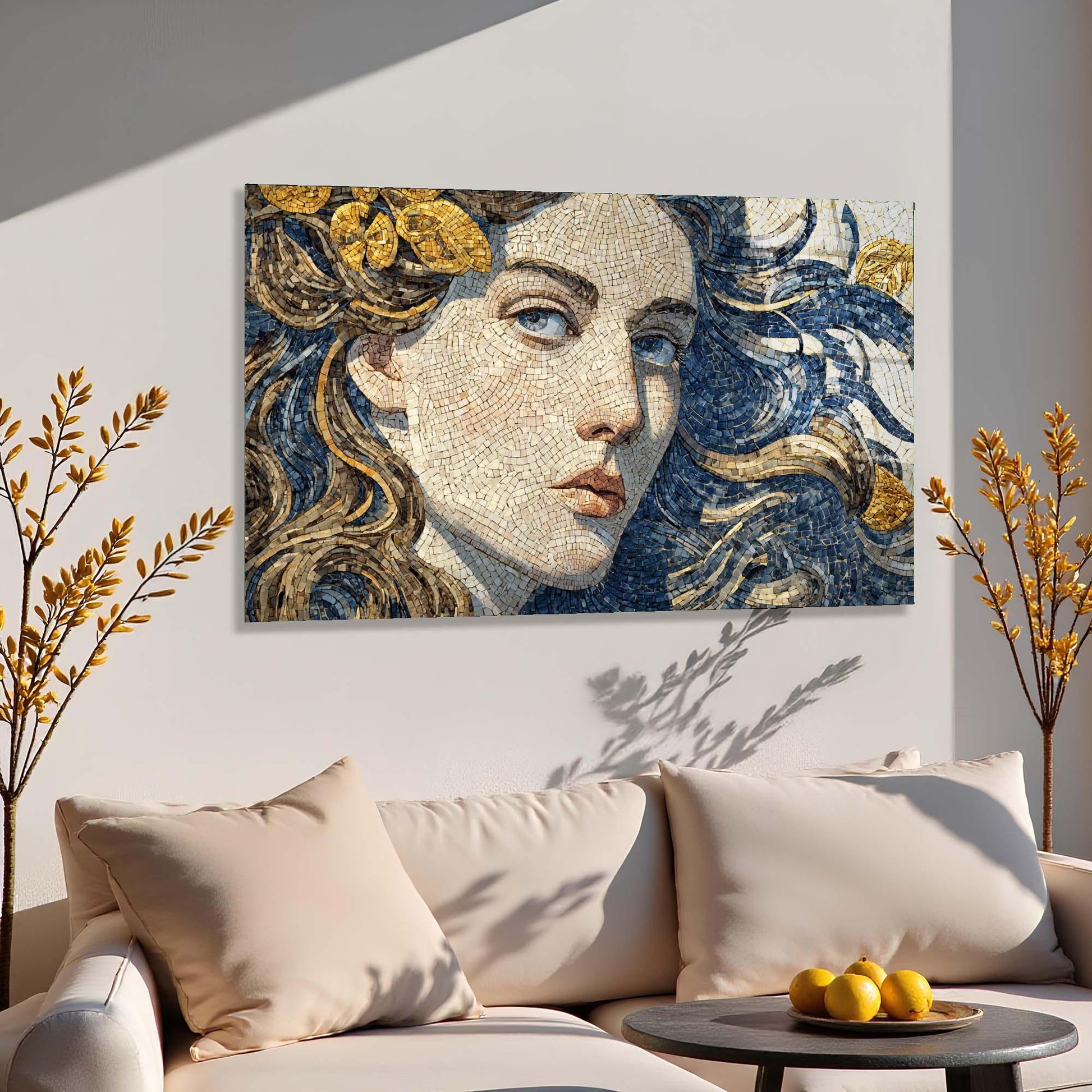 Mosaic artwork of a classical woman's face on a wall above a sofa with decorative elements.