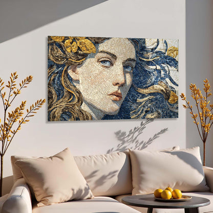 Mosaic artwork of a classical woman's face on a wall above a sofa with decorative elements.