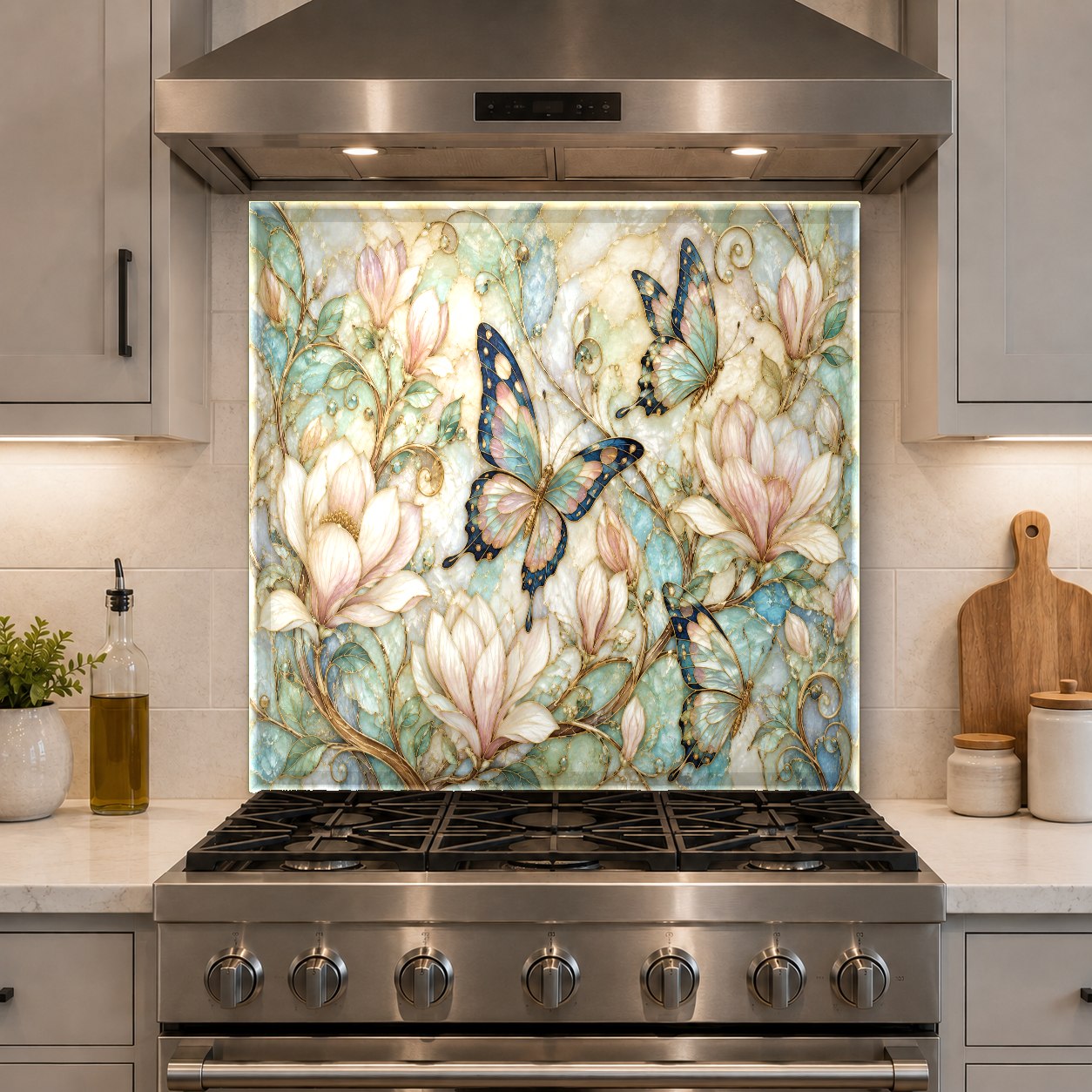 Nature themed glass backsplash panel on kitchen island wall