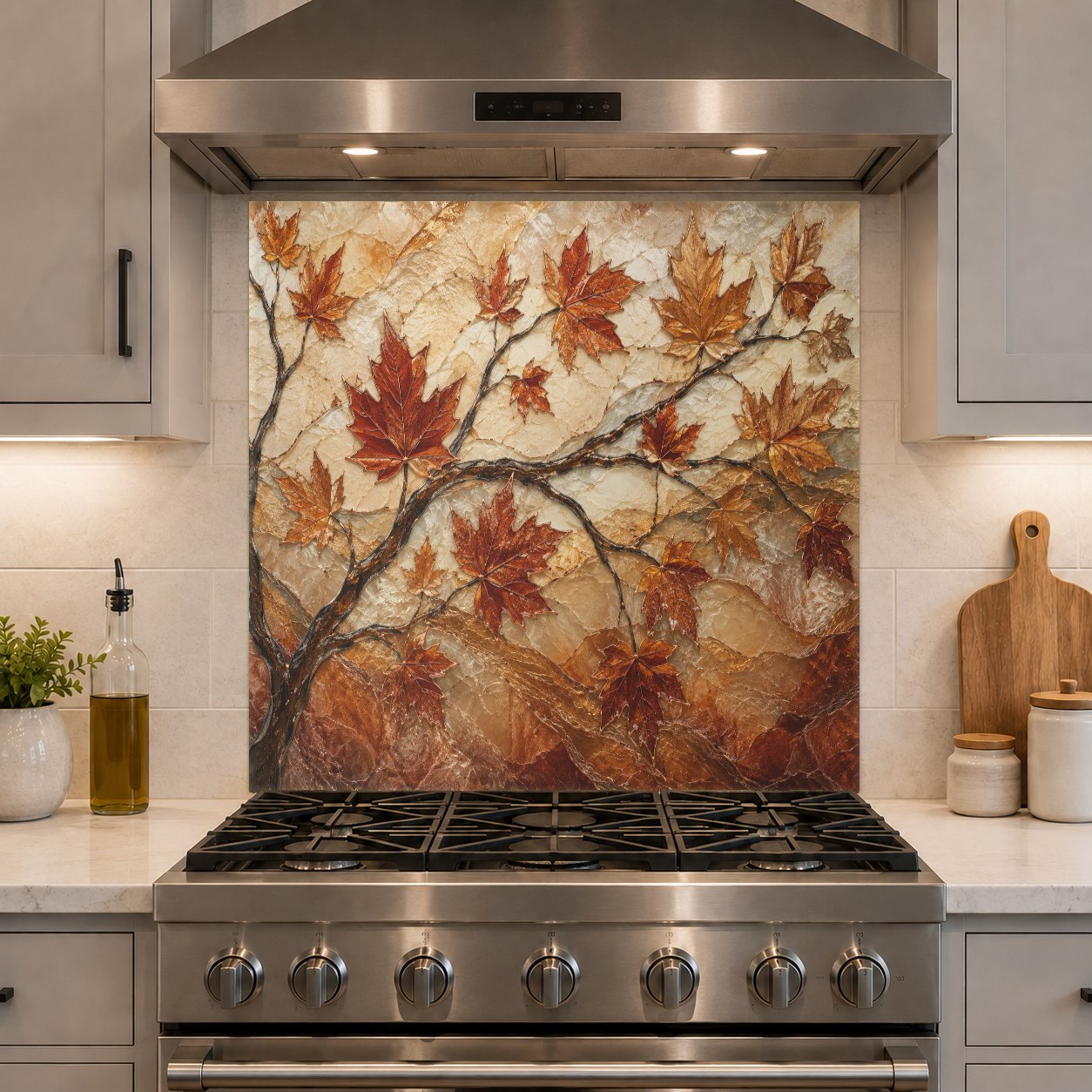 Durable and hygienic glass backsplash with orange maple leaves installed on a kitchen wall behind a cooktop.