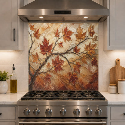 Durable and hygienic glass backsplash with orange maple leaves installed on a kitchen wall behind a cooktop.