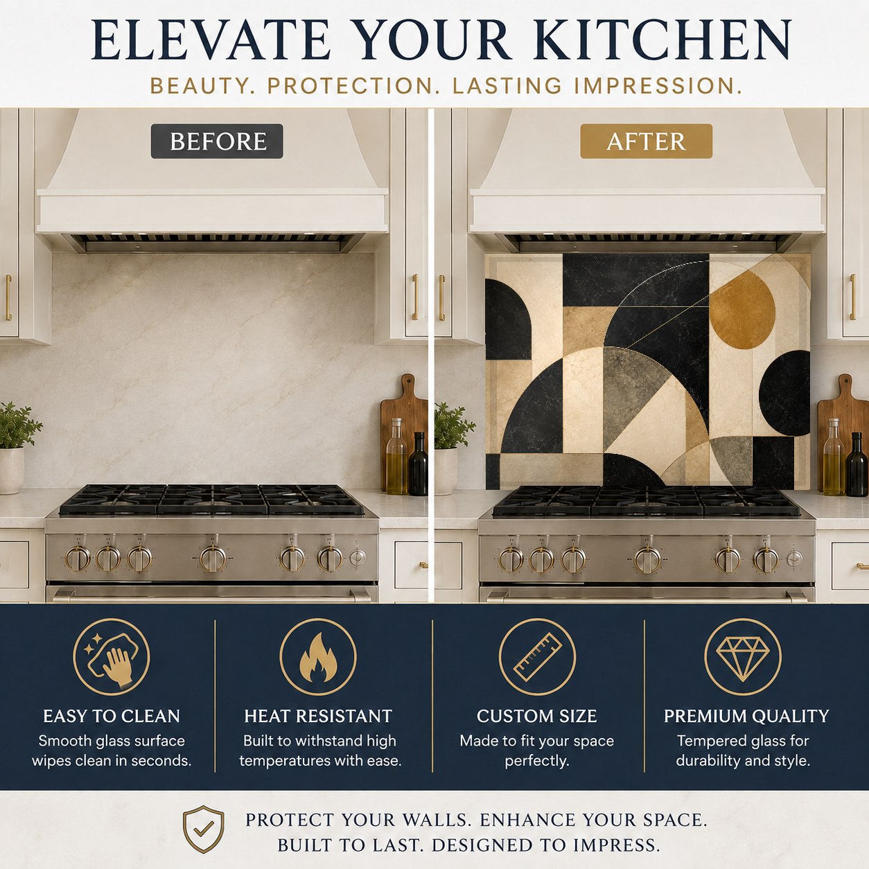 Abstract geometric glass backsplash panel mounted over a modern kitchen sink area with a minimalist faucet.