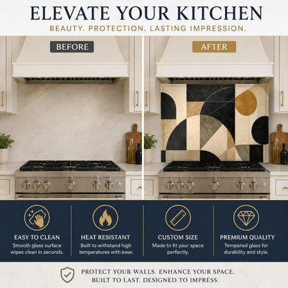 Abstract geometric glass backsplash panel mounted over a modern kitchen sink area with a minimalist faucet.