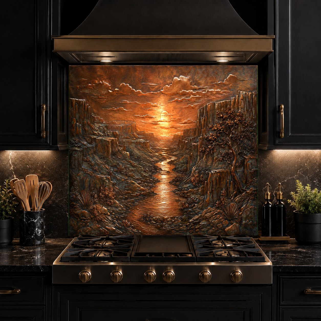 Rustic copper-look glass backsplash panel installed on a kitchen island wall for a warm, modern aesthetic.