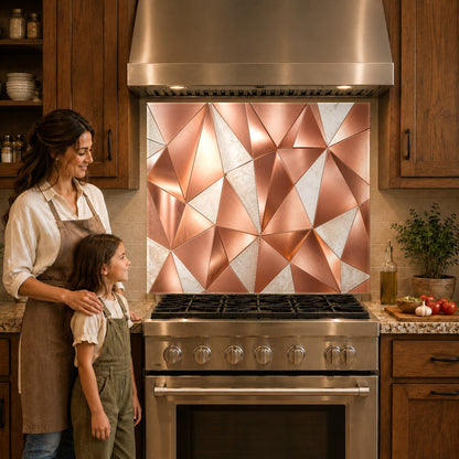 Modern kitchen cooktop protected by an abstract copper glass splash guard