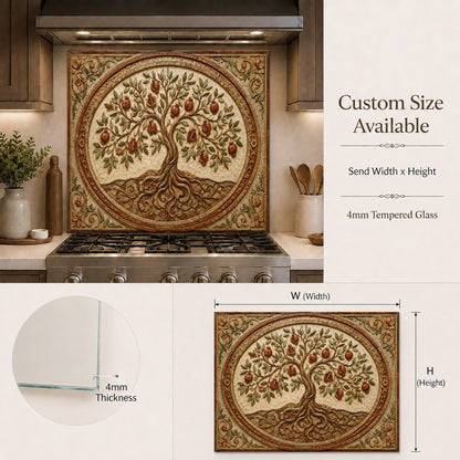 Beautiful fruit-themed glass backsplash panel installed on a kitchen island wall for a pop of color.