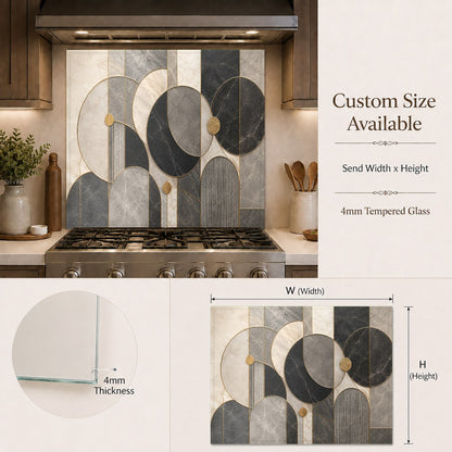 Luxury geometric glass backsplash behind a bar area, reflecting elegant under-cabinet LED lighting.