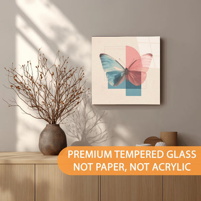 Butterfly artwork on a wall with decorative items on a wooden surface.