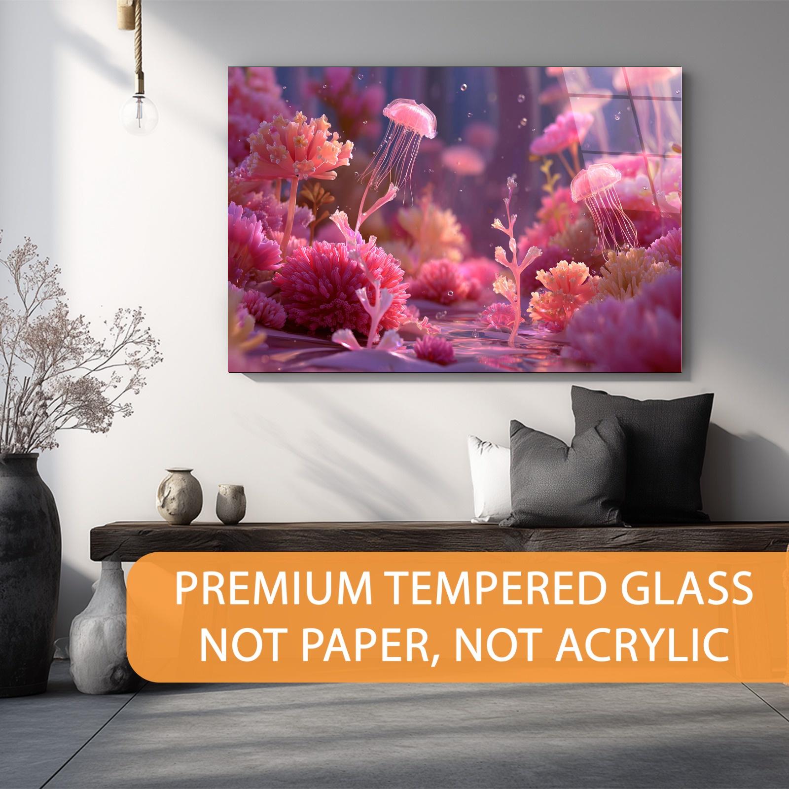 Wall art of pink coral and jellyfish in a modern living room setting with text about premium tempered glass.
