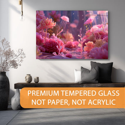 Wall art of pink coral and jellyfish in a modern living room setting with text about premium tempered glass.