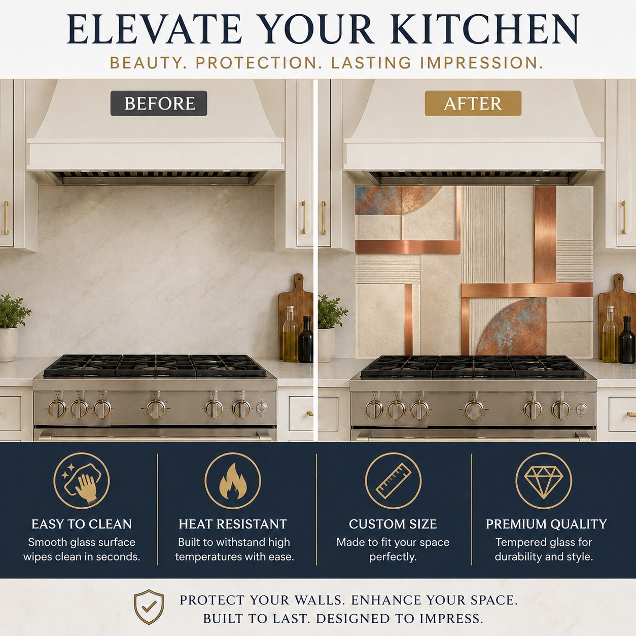 Sleek copper art kitchen backsplash behind a stainless steel sink with modern hardware.