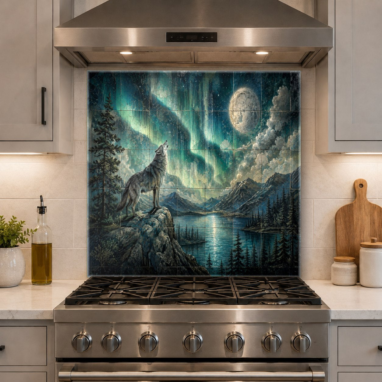 Close-up of vibrant aurora wolf glass backsplash on a kitchen island wall