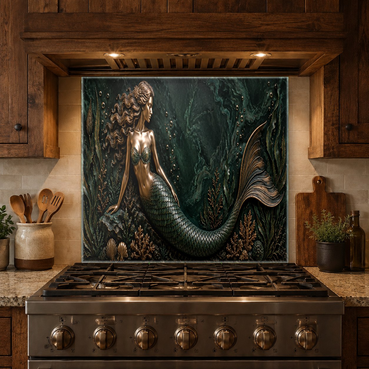 Durable tempered glass backsplash with a mermaid design protecting the kitchen wall from cooking splatters.