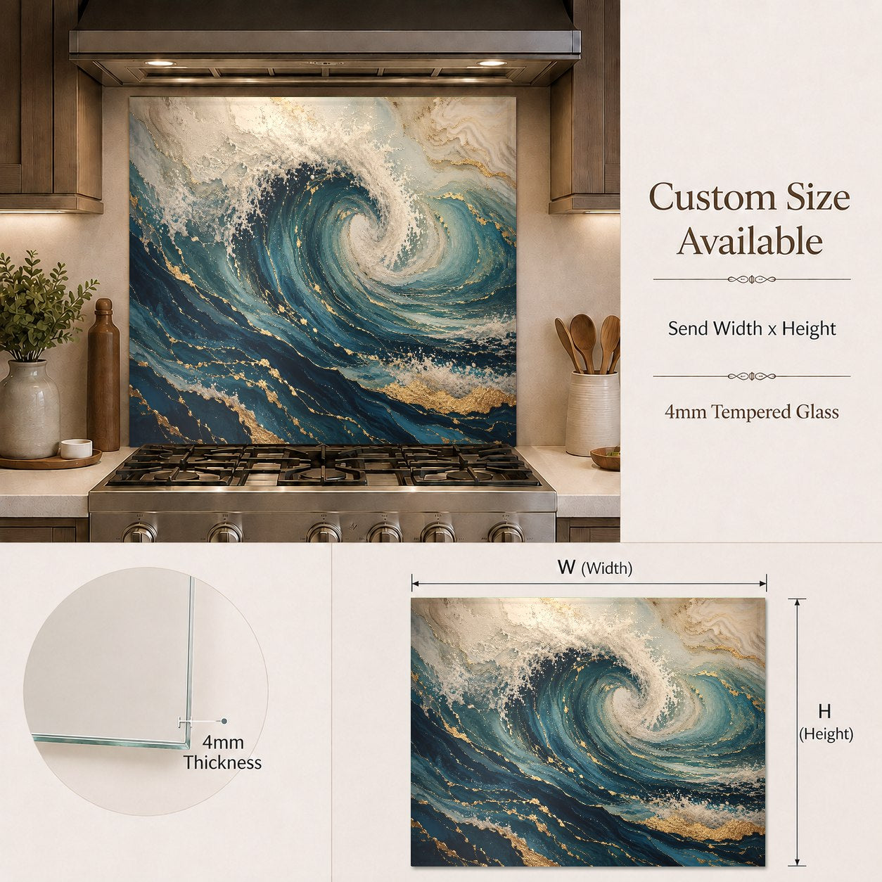 Stunning blue and white wave pattern glass backsplash panel installed in a contemporary kitchen bar area.