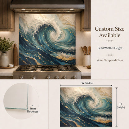 Stunning blue and white wave pattern glass backsplash panel installed in a contemporary kitchen bar area.