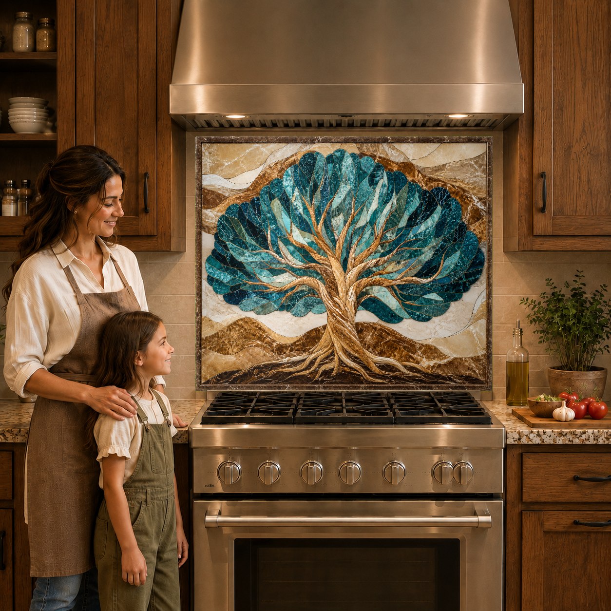 Cooktop area protected by a vibrant Tree of Life kitchen glass backsplash panel