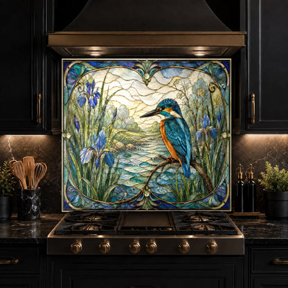 Heat resistant glass backsplash behind a kitchen range with a glossy finish