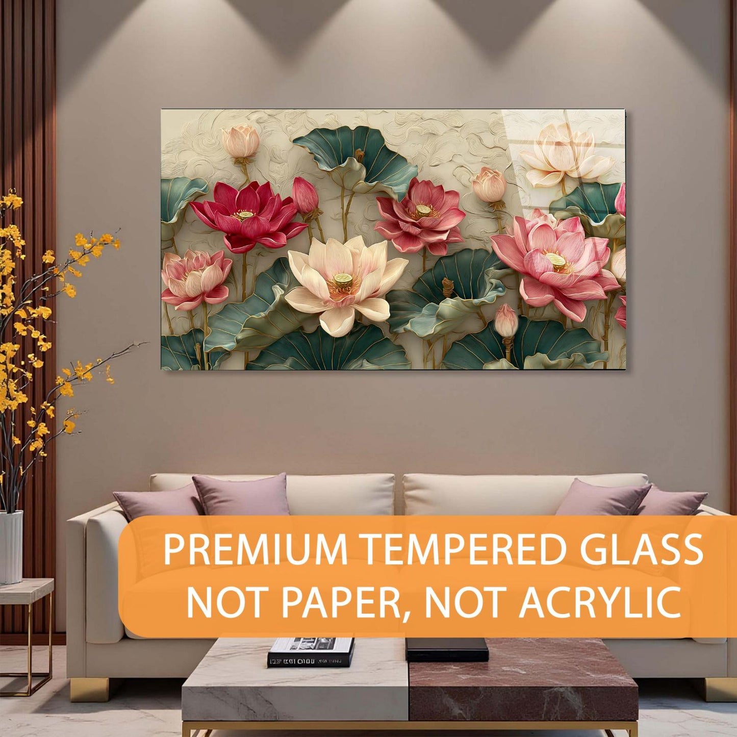 Decorative wall art of pink and green flowers in a living room setting with text about premium tempered glass.