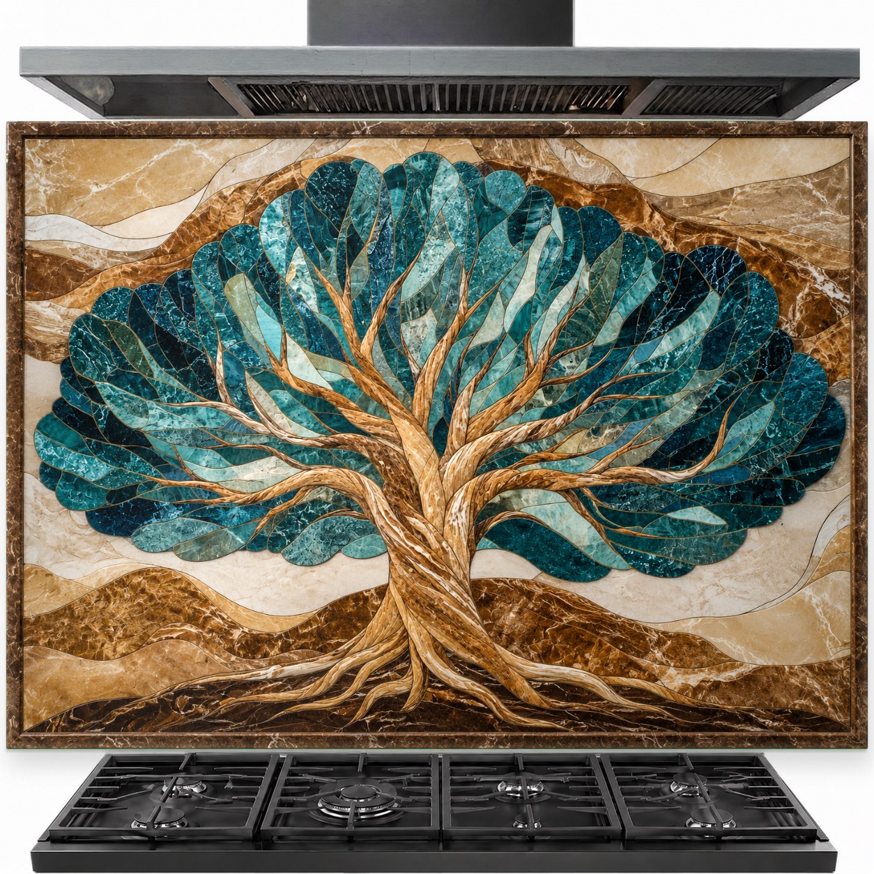 Tree of Life tempered glass backsplash installed behind a modern stainless steel stove