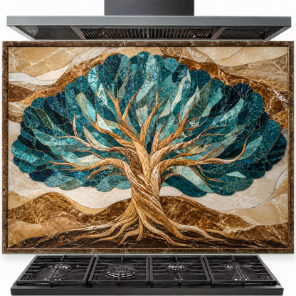 Tree of Life tempered glass backsplash installed behind a modern stainless steel stove