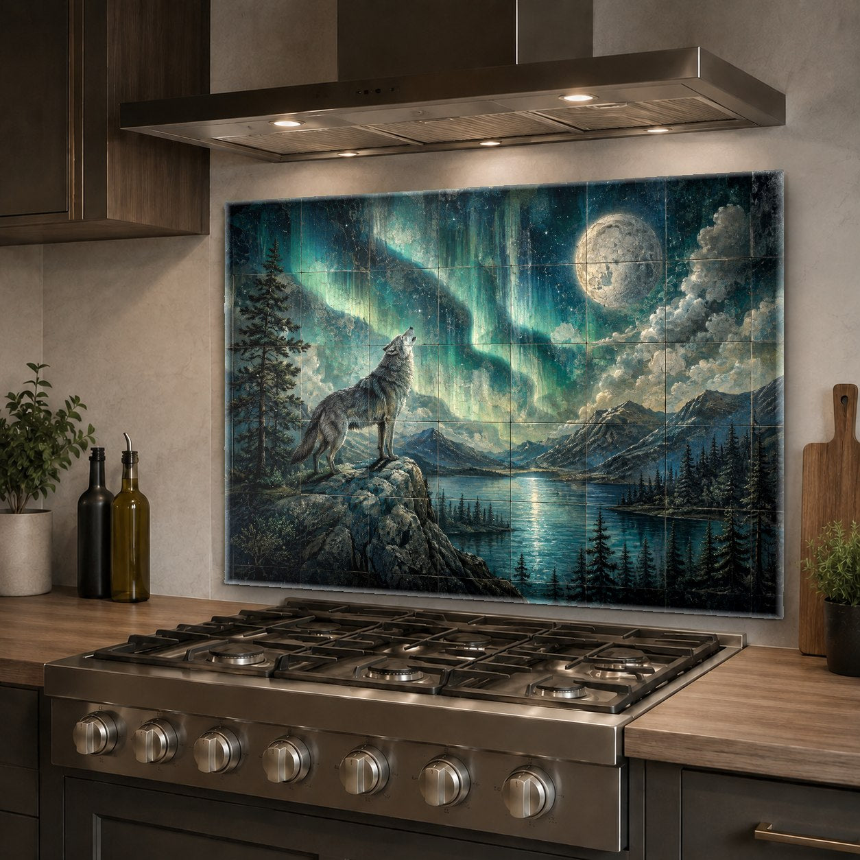 Glossy tempered glass kitchen splash guard featuring majestic wolf design
