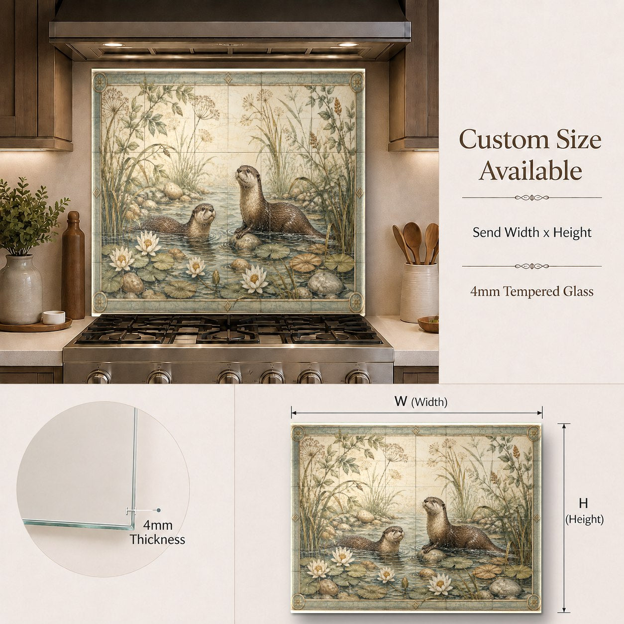 Rustic lodge kitchen featuring an animal and forest themed tempered glass backsplash behind the cooking range.