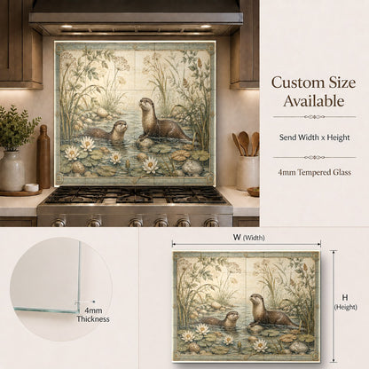 Rustic lodge kitchen featuring an animal and forest themed tempered glass backsplash behind the cooking range.