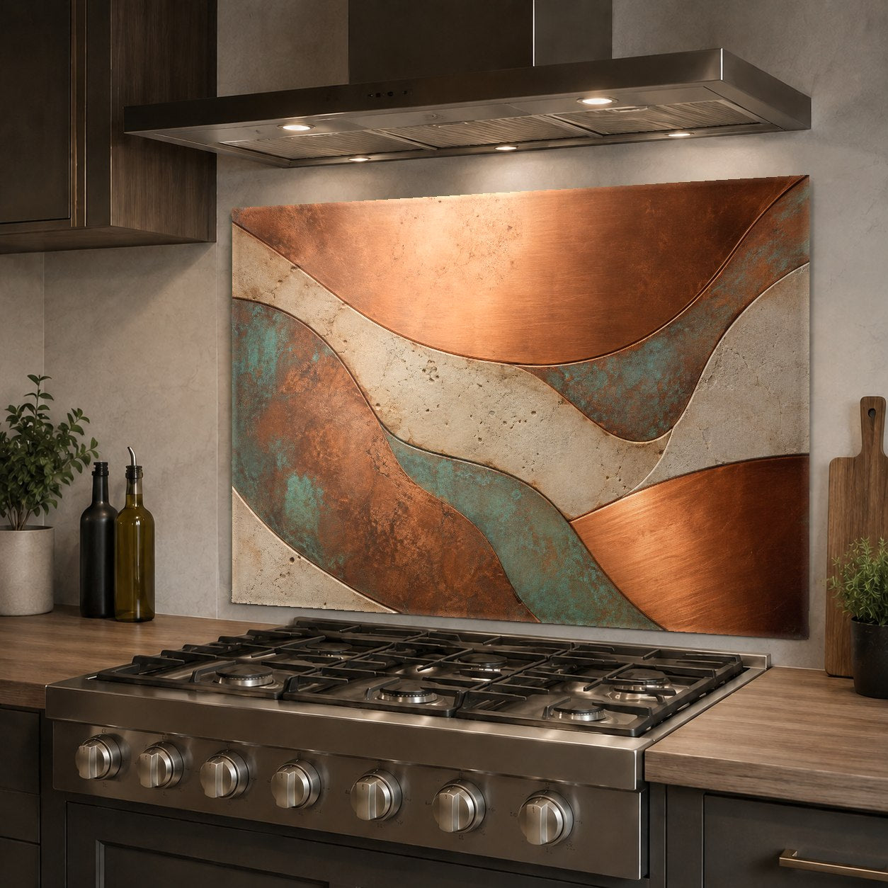 Stunning modern kitchen island with a copper flow tempered glass backsplash panel accentuating the bar area.