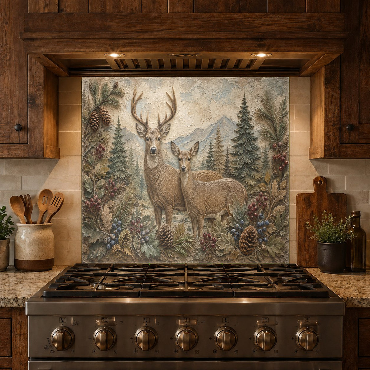 Stunning deer family glass stove backsplash guard protecting walls from grease splatters in a modern rustic kitchen.