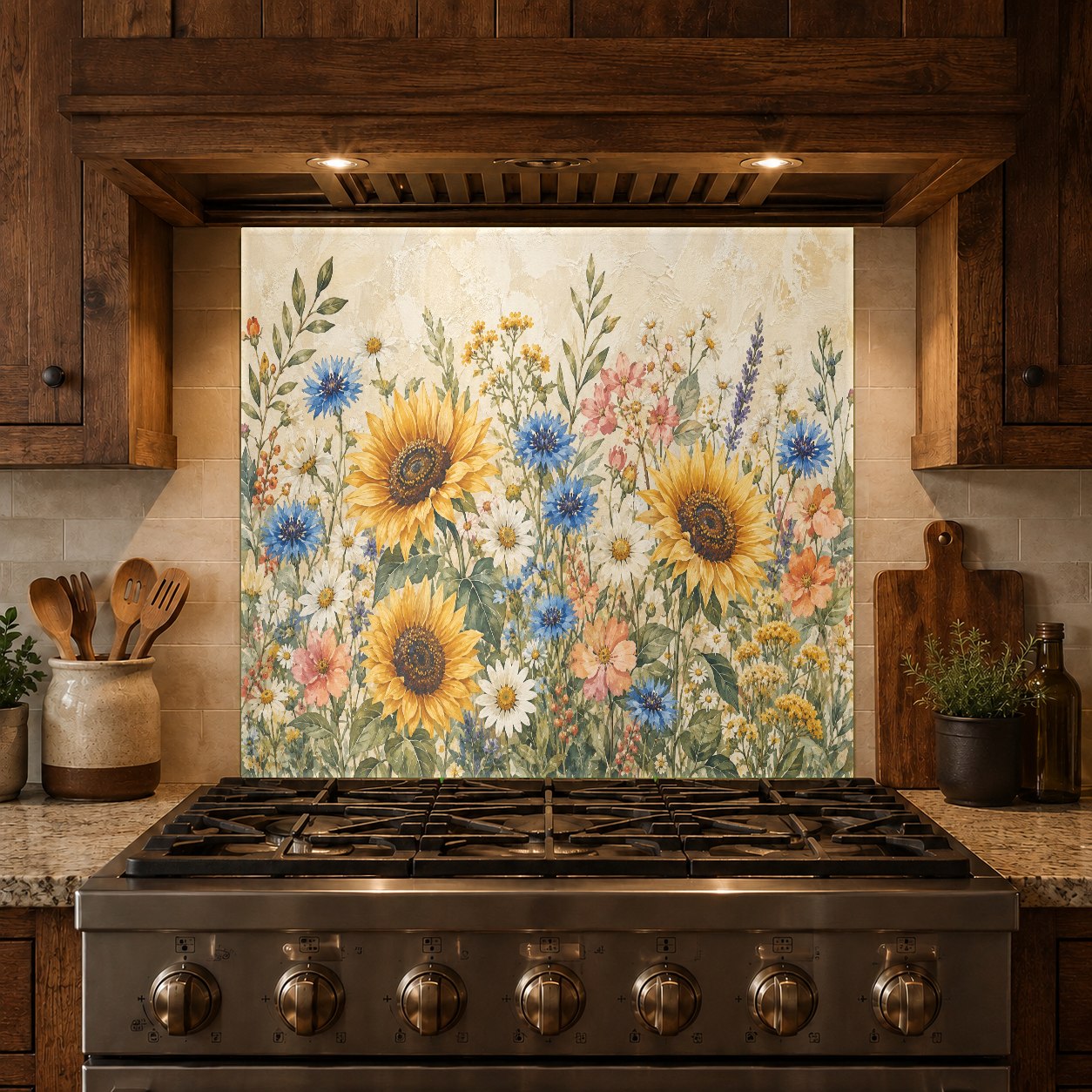 Sunflower design tempered glass backsplash installed in a cozy home bar area, adding a warm floral accent.