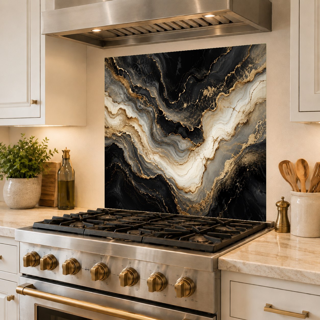 Stunning golden marble tempered glass panel serving as a stylish splash guard behind a kitchen cooktop.
