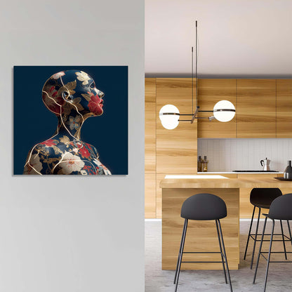 Modern kitchen with wooden cabinets and a decorative painting of a woman's profile on the wall.