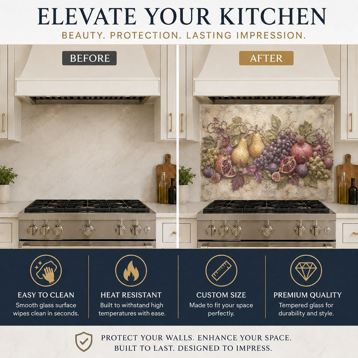 Citrus fruit kitchen backsplash protector installed over kitchen sink wall