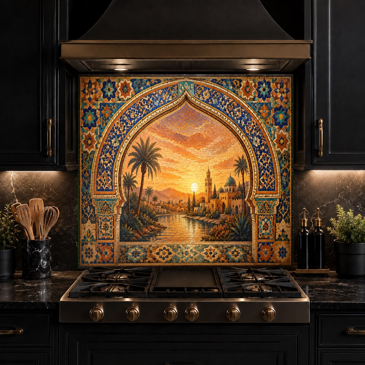 Beautiful sunset-themed glass backsplash panel installed over existing tiles in a contemporary kitchen.