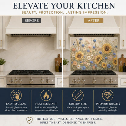 Sunflower design glass backsplash behind kitchen sink wall