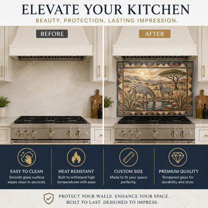 Sleek safari themed glass backsplash panel mounted above the kitchen sink