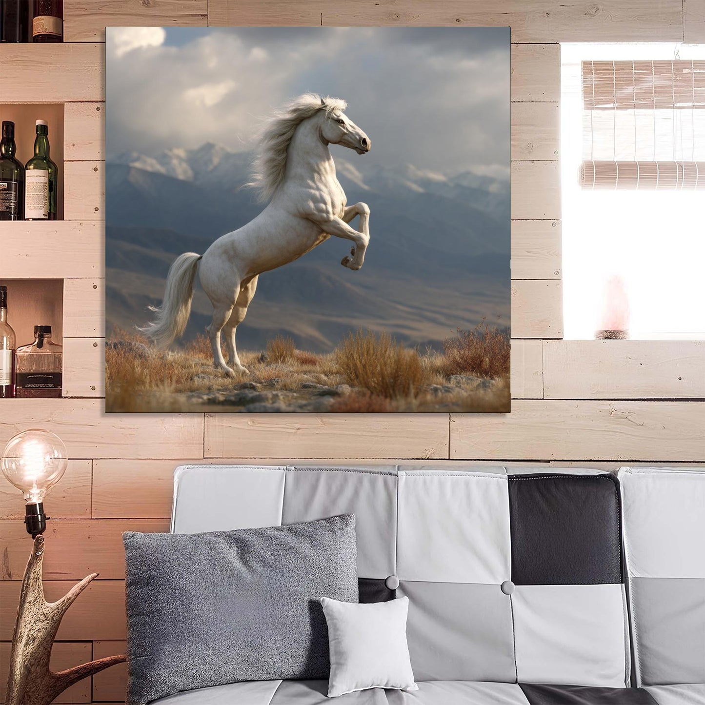 White horse painting on a wooden wall above a sofa with decorative pillows.