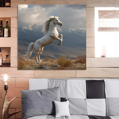White horse painting on a wooden wall above a sofa with decorative pillows.