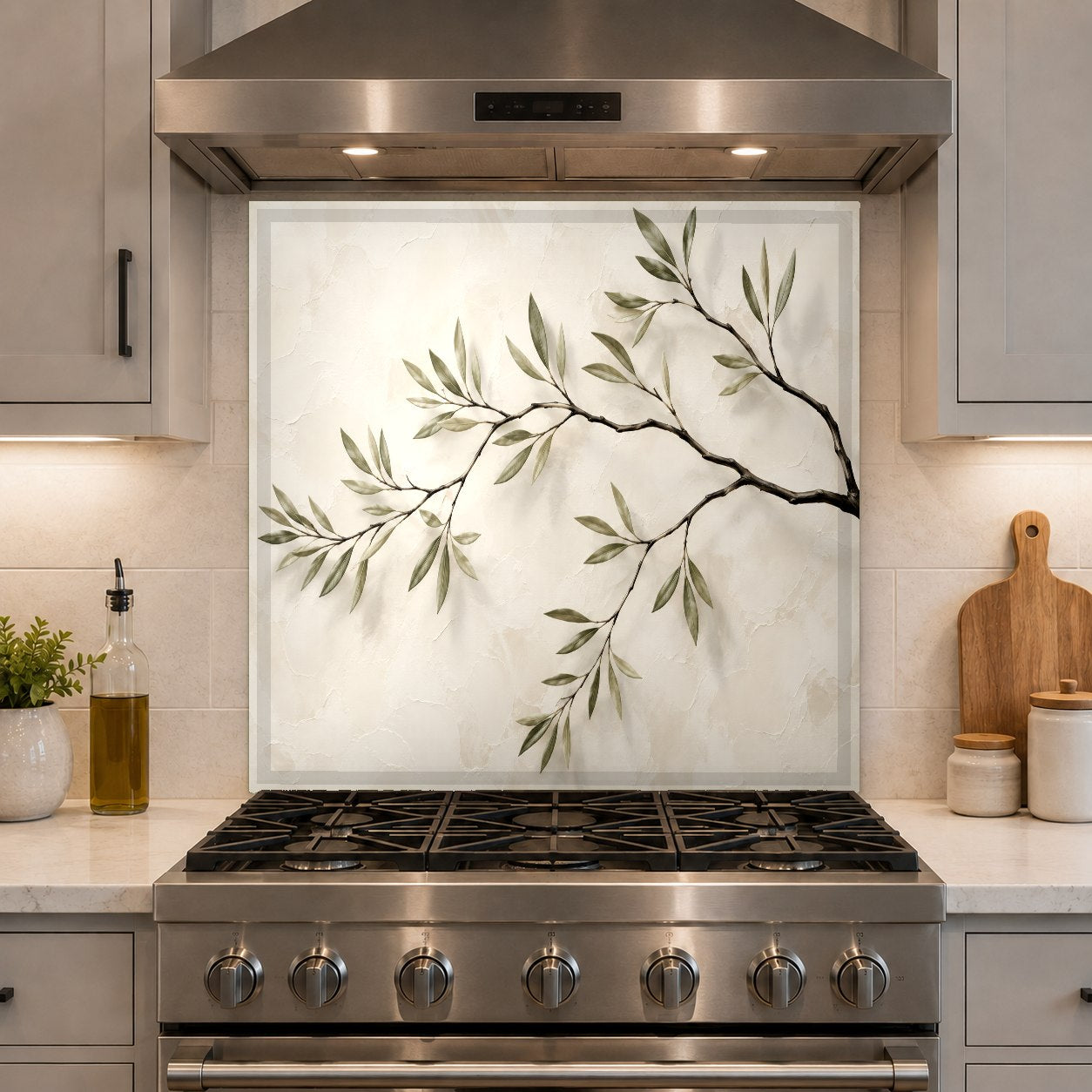 Close-up of high-gloss tree branches kitchen glass panel showing vibrant details