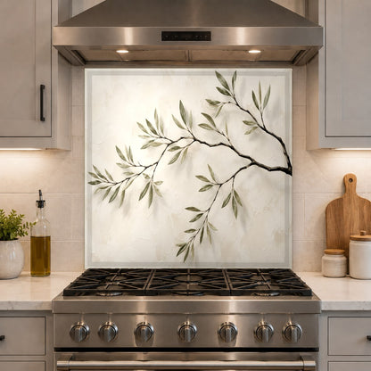 Close-up of high-gloss tree branches kitchen glass panel showing vibrant details