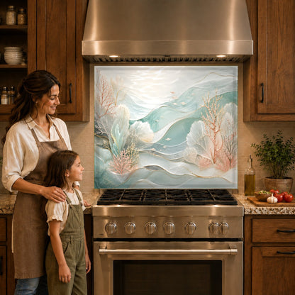 Beach style glass kitchen backsplash panel mounted over a cooktop