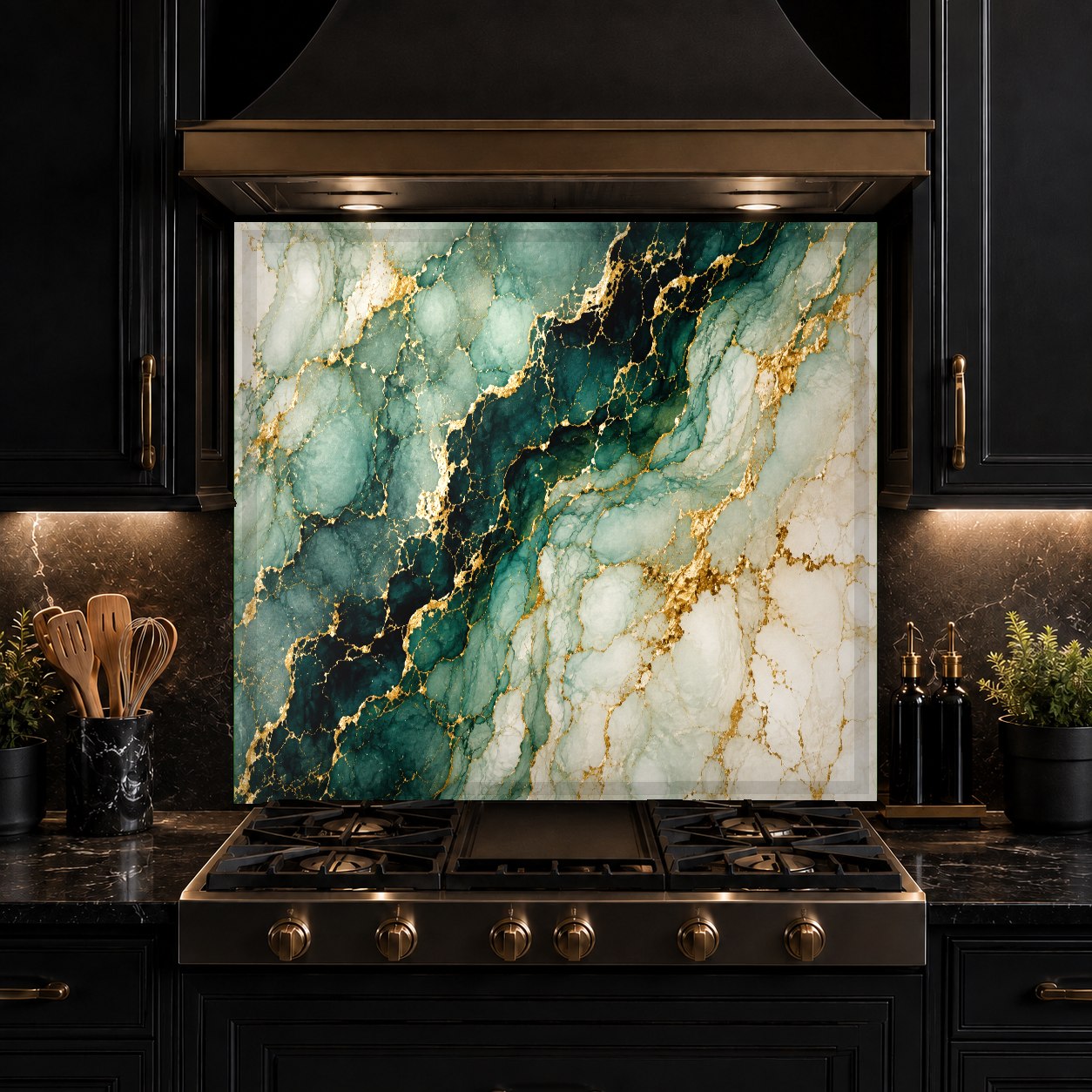 Elegant home bar area featuring an emerald green marble pattern tempered glass backsplash panel.