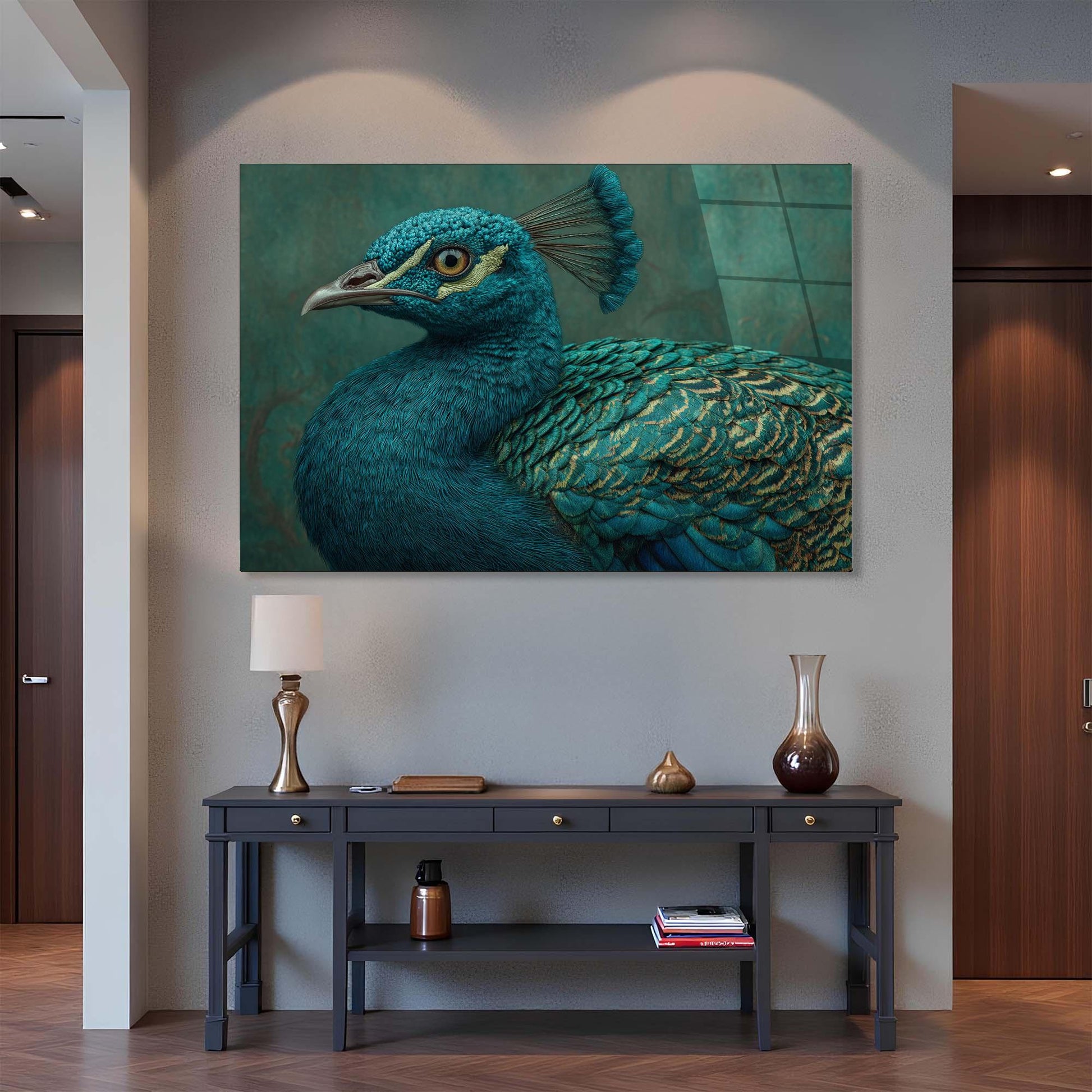Peacock painting on a wall above a console table with decor items.
