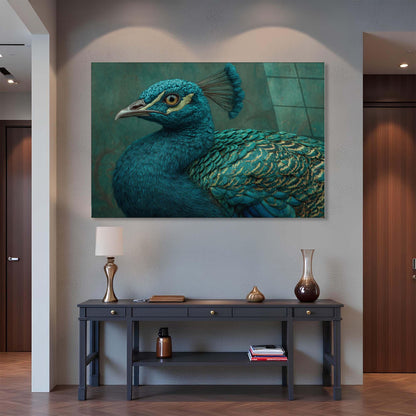 Peacock painting on a wall above a console table with decor items.