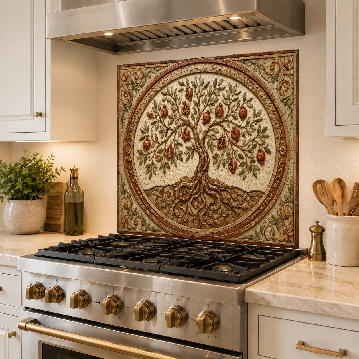 High-gloss Pomegranate Crest glass backsplash panel reflecting light beautifully behind a cooktop.