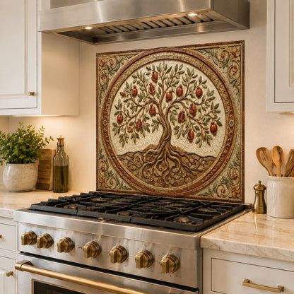 High-gloss Pomegranate Crest glass backsplash panel reflecting light beautifully behind a cooktop.