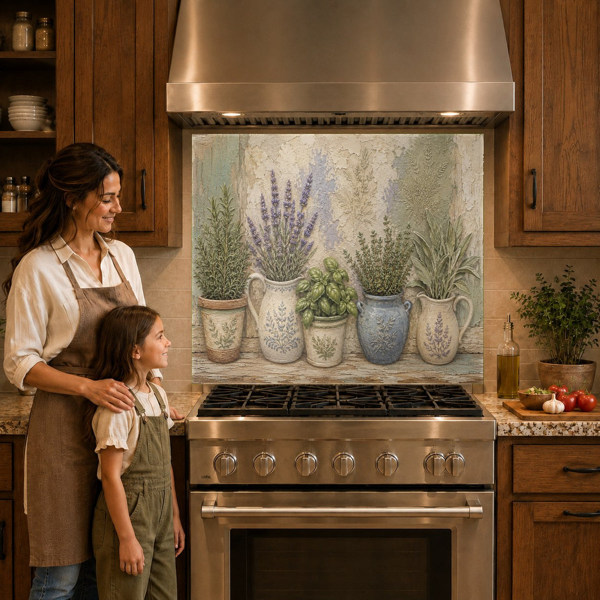 Botanical glass kitchen panel mounted behind a gas cooktop