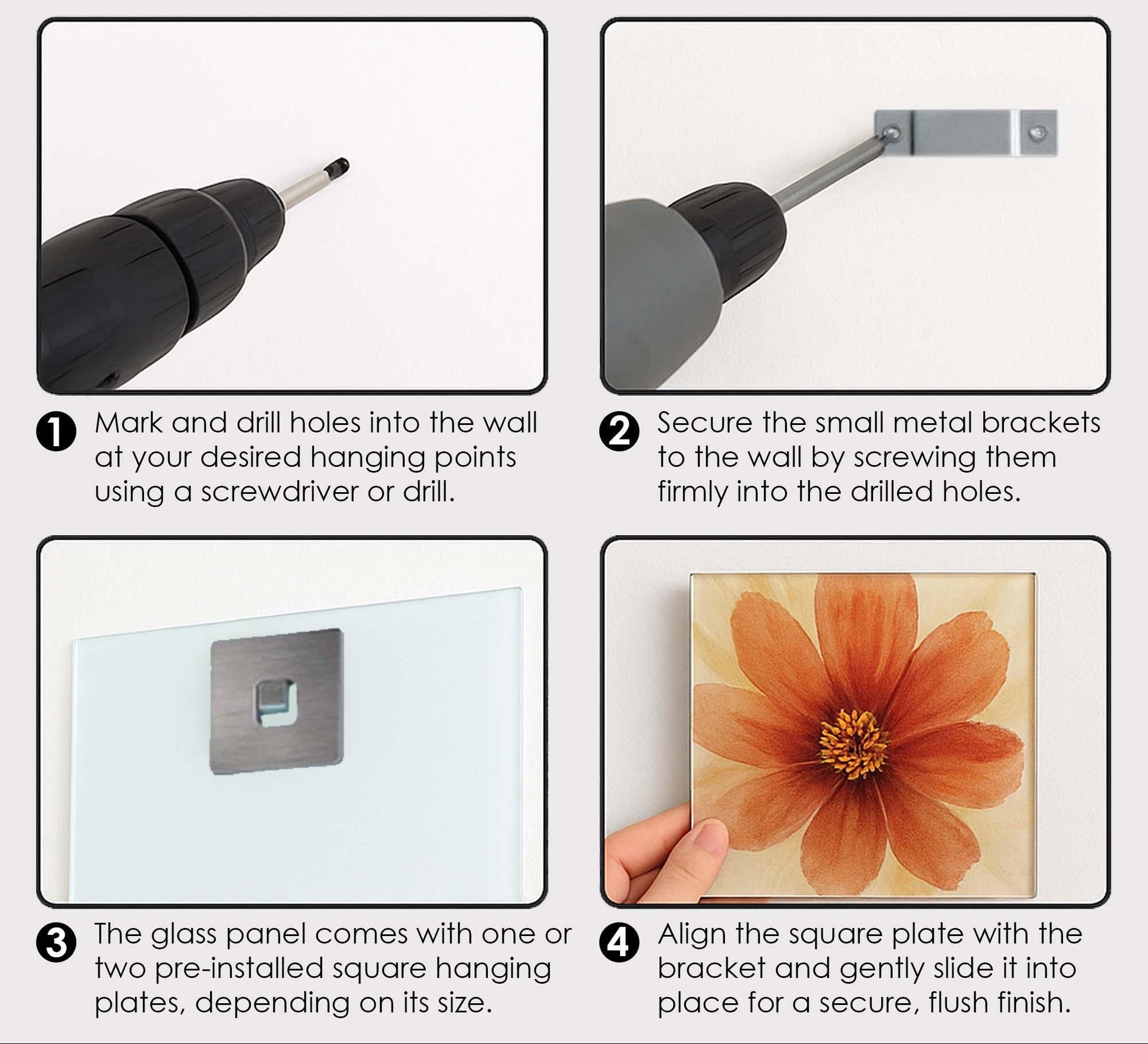 Installation guide for wall art without a wooden frame, showing steps with tools and hardware.