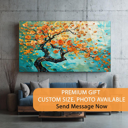 Colorful abstract painting on a wall above a sofa with promotional text overlay.