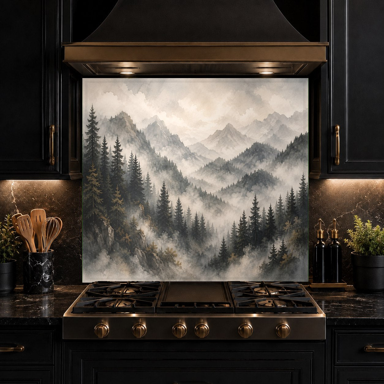 Custom-sized Forest Veil glass backsplash panel accenting a modern kitchen island bar area.